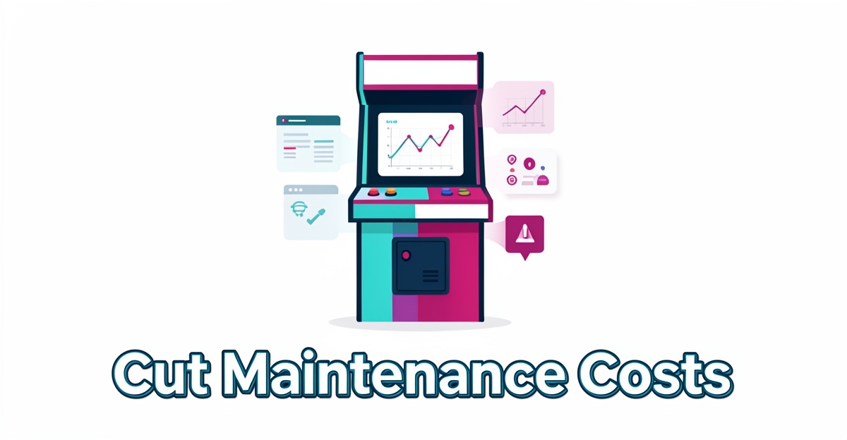A minimalist flat illustration of an arcade machine with digital maintenance tracking overlays, highlighting automated service scheduling and alerts to reduce arcade downtime and costs.
