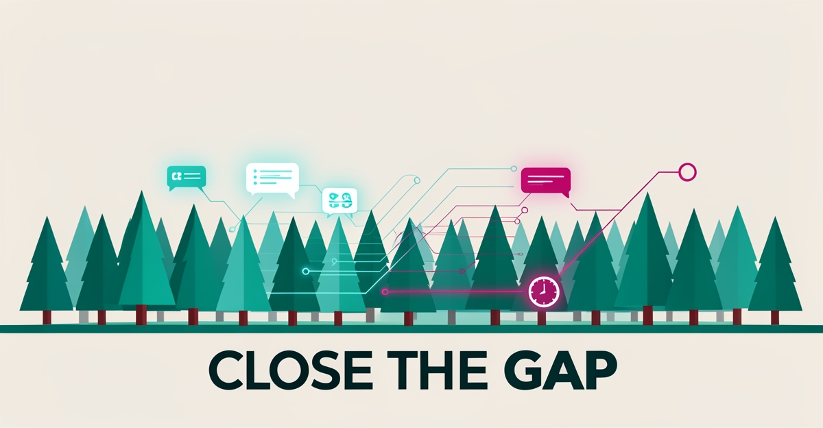 Flat illustration of a tree farm with digital AI notification icons symbolizing automated post-consultation follow-ups, with headline 'Close the Gap'.
