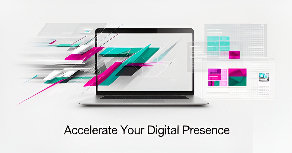 Flat illustration of a laptop with abstract website wireframes balancing speed and customization, accented in teal and magenta.