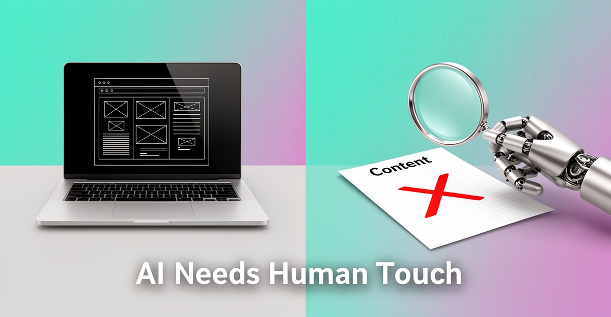 Modern flat illustration contrasting AI website design strength with content weakness, featuring laptop and robot hand, with brand-colored accents and headline 'AI Needs Human Touch' in lower third.