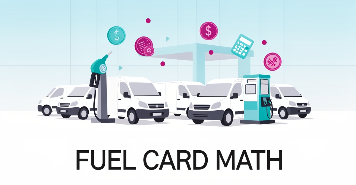Flat illustration of small fleet vans at a fuel station with coins and calculator motifs representing fuel card savings for small fleets.