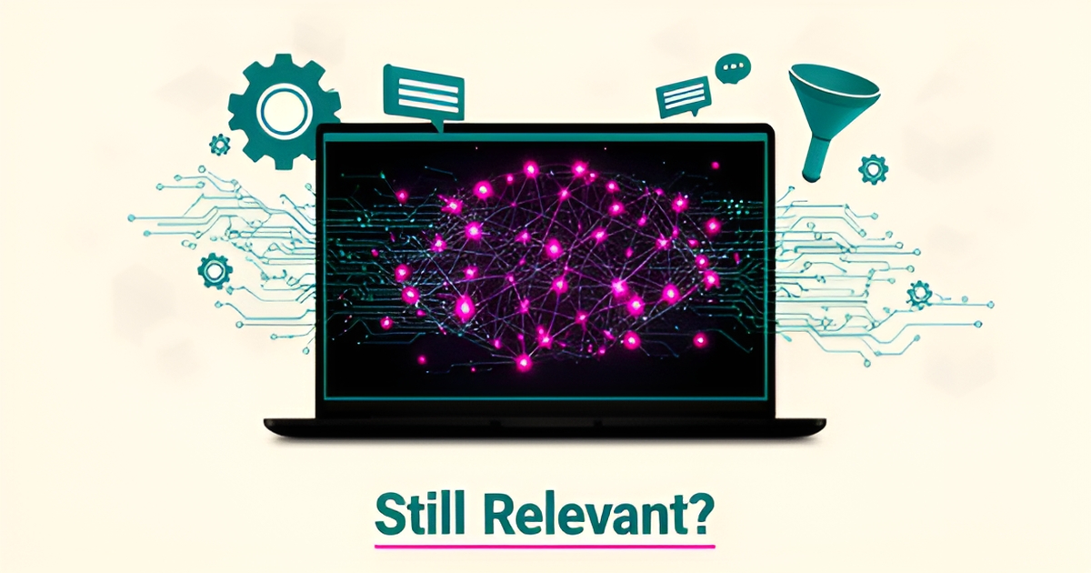 Flat illustration of a laptop with a website transforming into AI neural network nodes in teal and magenta, with the headline 'Still Relevant?'