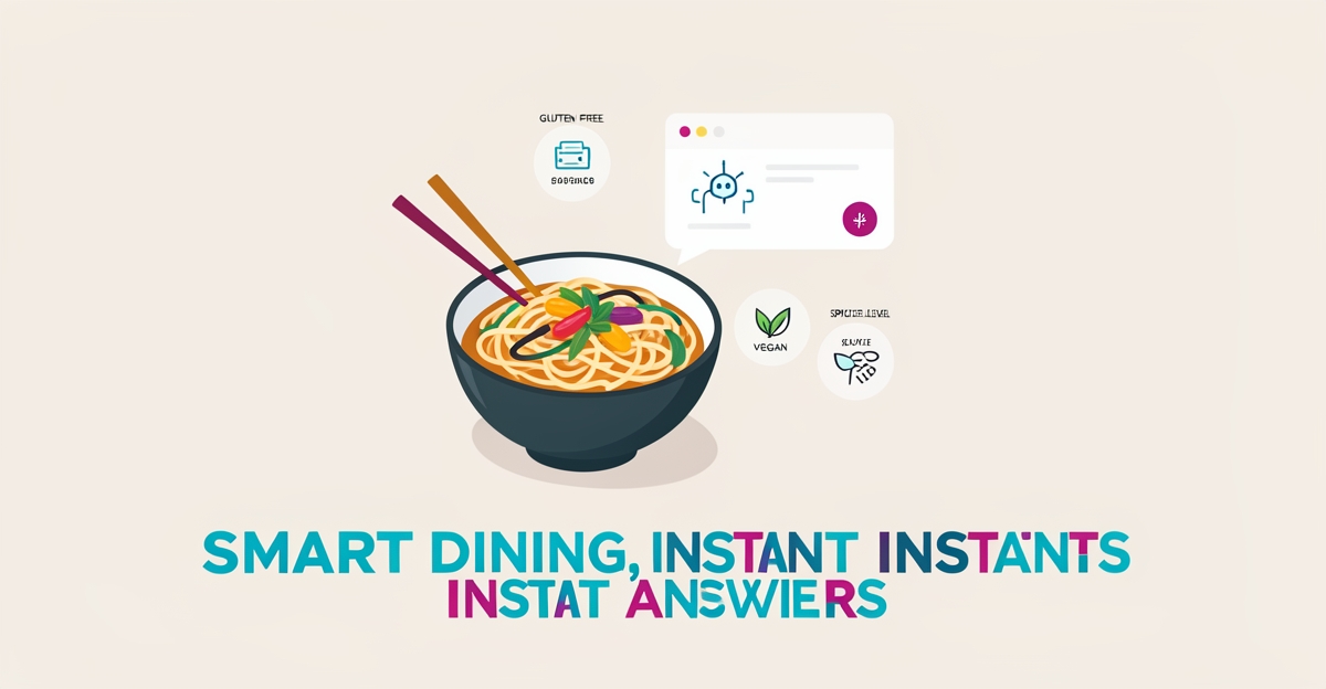 Flat illustration of an Asian fusion noodle bowl beside an AI chatbot bubble answering dietary questions, accented in teal and magenta.