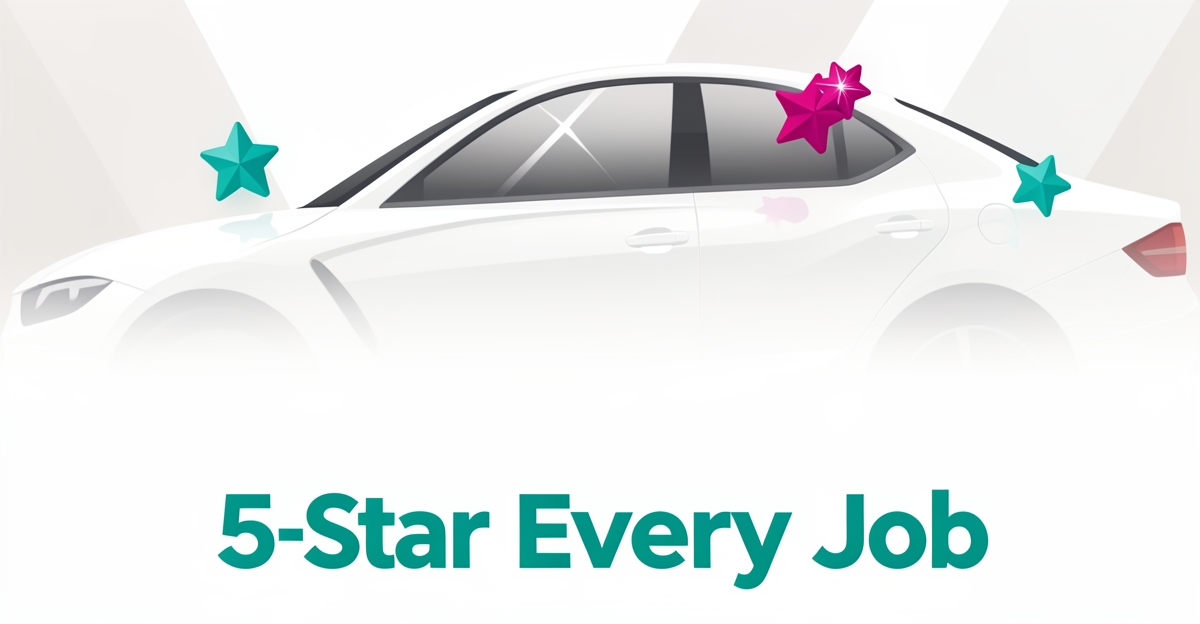 Flat illustration of a polished car with floating five-star rating icons in teal and magenta, symbolizing consistent 5-star auto detailing reviews.