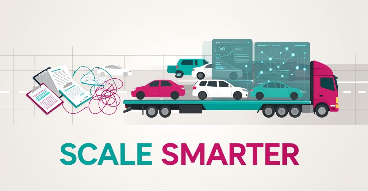 Flat illustration of a car carrier truck transitioning from manual paperwork clutter to automated digital dashboards in teal and magenta, with headline Scale Smarter.