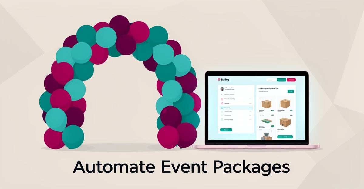 Flat illustration of a balloon arch and bouquets in teal and magenta beside a laptop with an automated package checklist, headline reading Automate Event Packages.