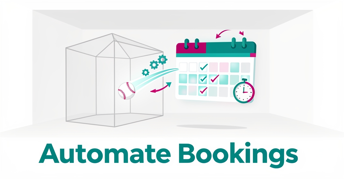 Flat illustration of a batting cage with a digital calendar and automation icons, headlined Automate Bookings.