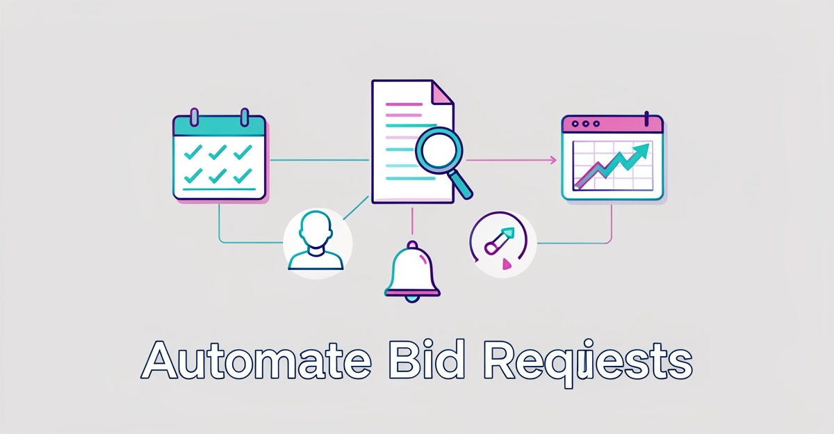A minimalist flat illustration of an automated bid request workflow with interconnected icons, using brand colors #2aabb6 and #d946ef as accents, no people or text except the headline.