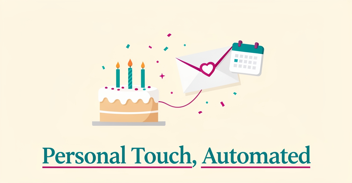 Flat illustration of a birthday cake and envelope connected to a calendar icon, symbolizing automated yet personal party follow-ups.