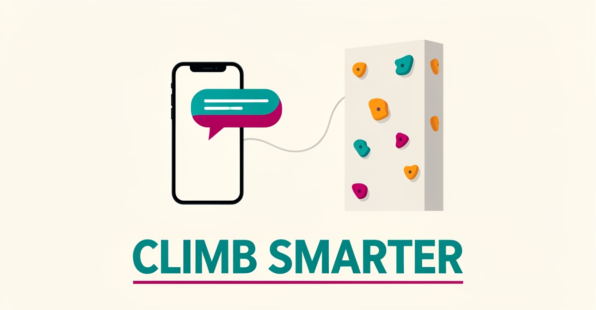 Flat illustration of a chatbot on a smartphone answering class schedule questions beside a stylized climbing wall in teal and magenta.
