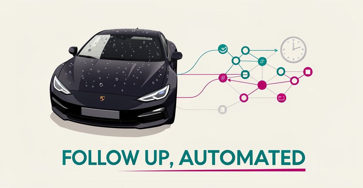Flat illustration of a glossy ceramic-coated car hood connected to an automated follow-up workflow with teal and magenta accents.