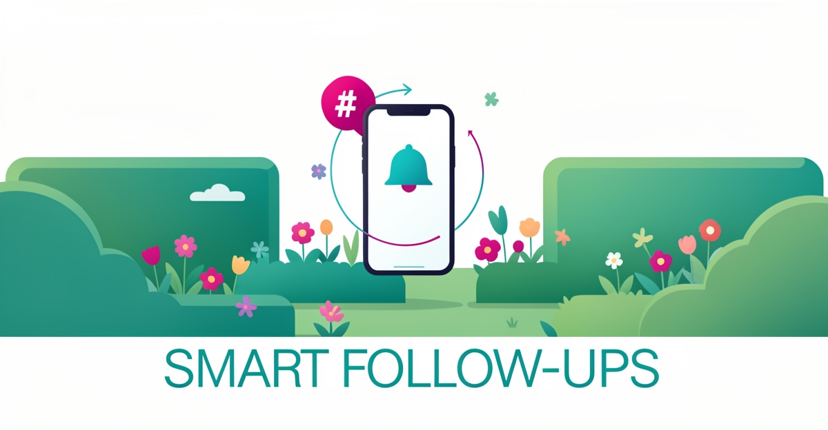 Flat illustration of a manicured garden with a smartphone notification icon, representing automated client follow-ups for gardening services.