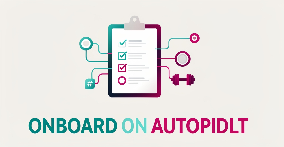 Flat illustration of an automated digital onboarding workflow with dumbbell icon and progress rings in teal and magenta accents.