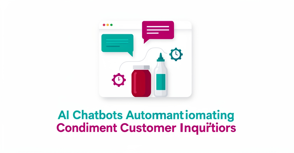 Flat illustration of a condiment jar and bottle beside an AI chat interface with speech bubbles in teal and magenta, with the headline Automate Inquiries.