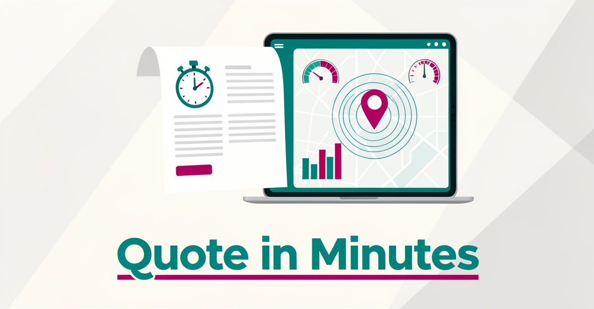 Flat illustration of a contractor quote document transforming into a digital pricing dashboard with location pin, headline reading Quote in Minutes.