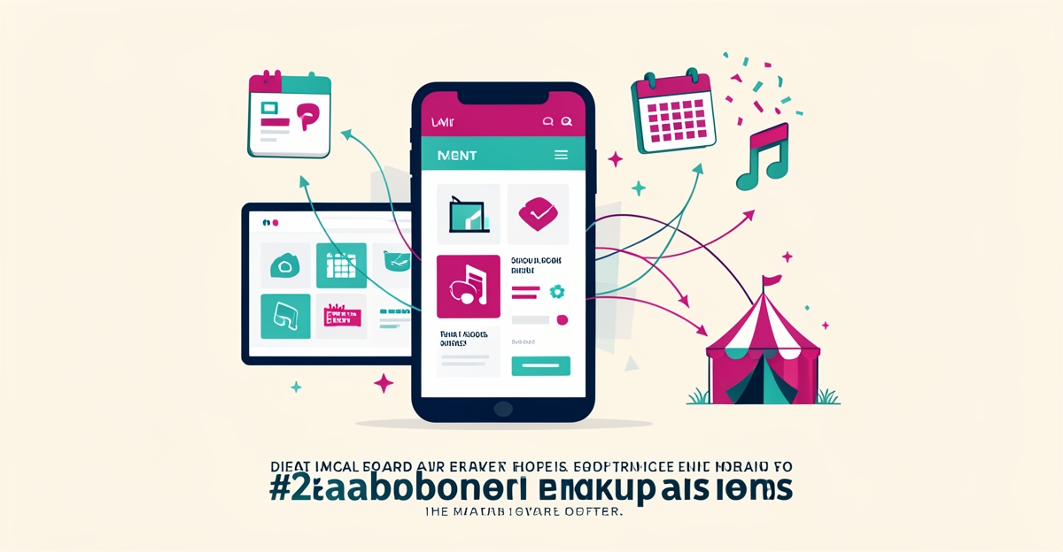 Flat illustration of AI-powered digital menu promotions linked to local event icons in teal and magenta brand colors.