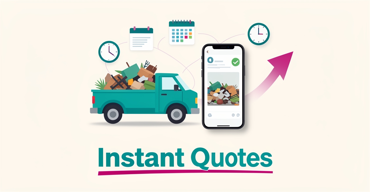 Flat illustration of a debris hauling truck with a smartphone showing automated AI quoting and pickup scheduling, accented in teal and magenta.