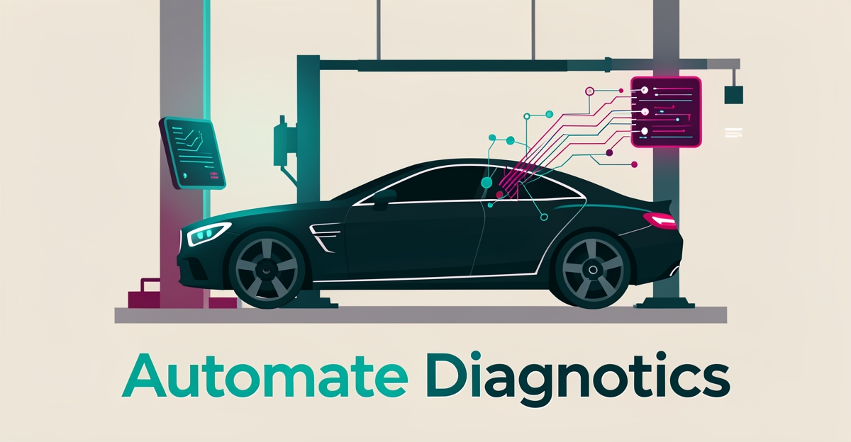Flat illustration of a European car on a lift connected to AI diagnostic data streams with the headline Automate Diagnostics.