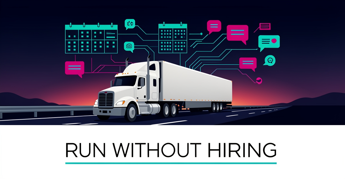 Flat illustration of a semi truck on a highway with automated scheduling and messaging icons in teal and magenta, headline reading Run Without Hiring.