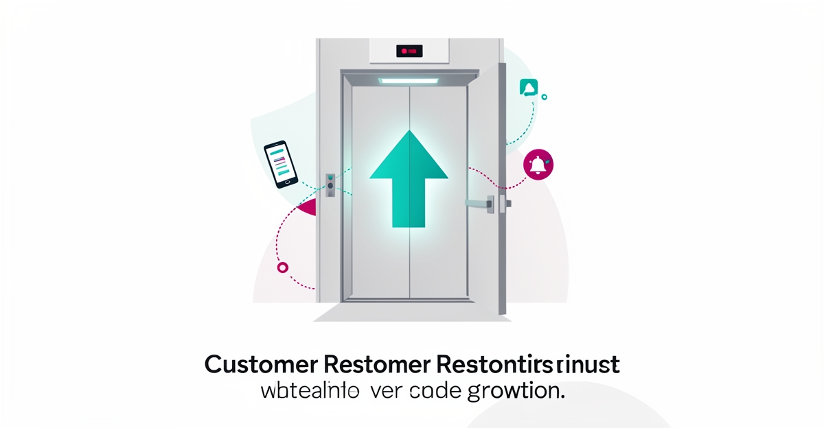 Flat illustration of an elevator with upward arrow and automation icons in teal and magenta, symbolizing automated customer follow-ups.