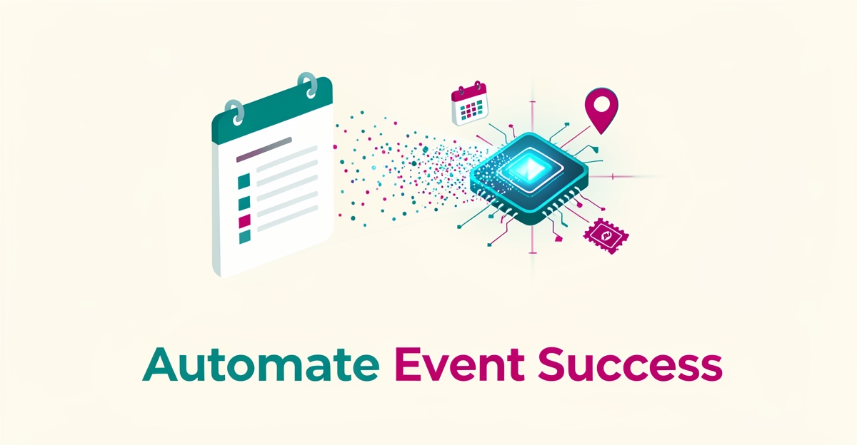 Flat illustration of an itinerary transforming into digital particles around an AI chip, symbolizing automated event planning with teal and magenta accents.
