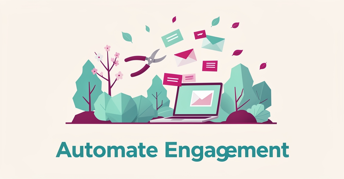 Flat illustration of automated email notifications flowing from a laptop to a stylized garden with pruning tools in teal and magenta accents.