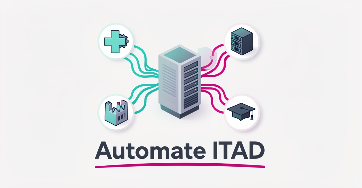 Flat illustration of a secure server surrounded by healthcare, manufacturing, data center, and education icons connected by AI data streams in teal and magenta.