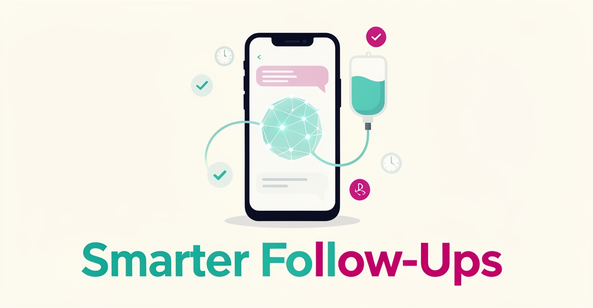 Flat illustration of a smartphone with AI chat interface connected to an IV hydration drip, headline reading Smarter Follow-Ups in teal and magenta.