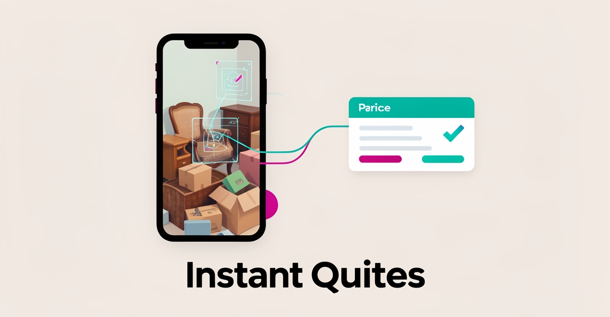 Flat illustration of a smartphone scanning junk photos with AI to generate an instant removal price quote.