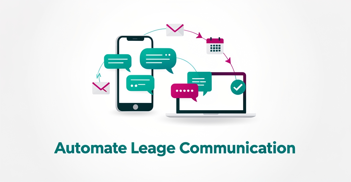 Modern flat illustration showing automated league communication workflow with devices, message icons, and notification symbols in teal and magenta brand colors.