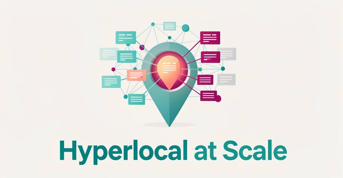 Flat illustration of a glowing map pin feeding AI-generated product content into a connected network, accented in teal and magenta.