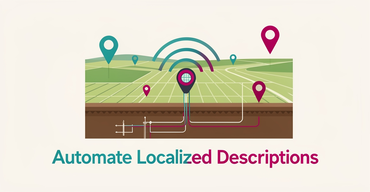 Flat illustration of a rural landscape with a utility locating device scanning for buried lines, accented in teal and magenta.
