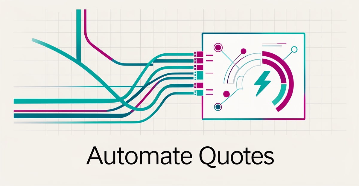 Flat illustration of network cabling flowing into a digital AI interface with teal and magenta accents, headlined Automate Quotes.