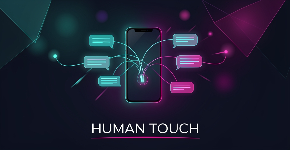 Flat illustration of a glowing smartphone sending branching message bubbles through a neon nightclub scene in teal and magenta.