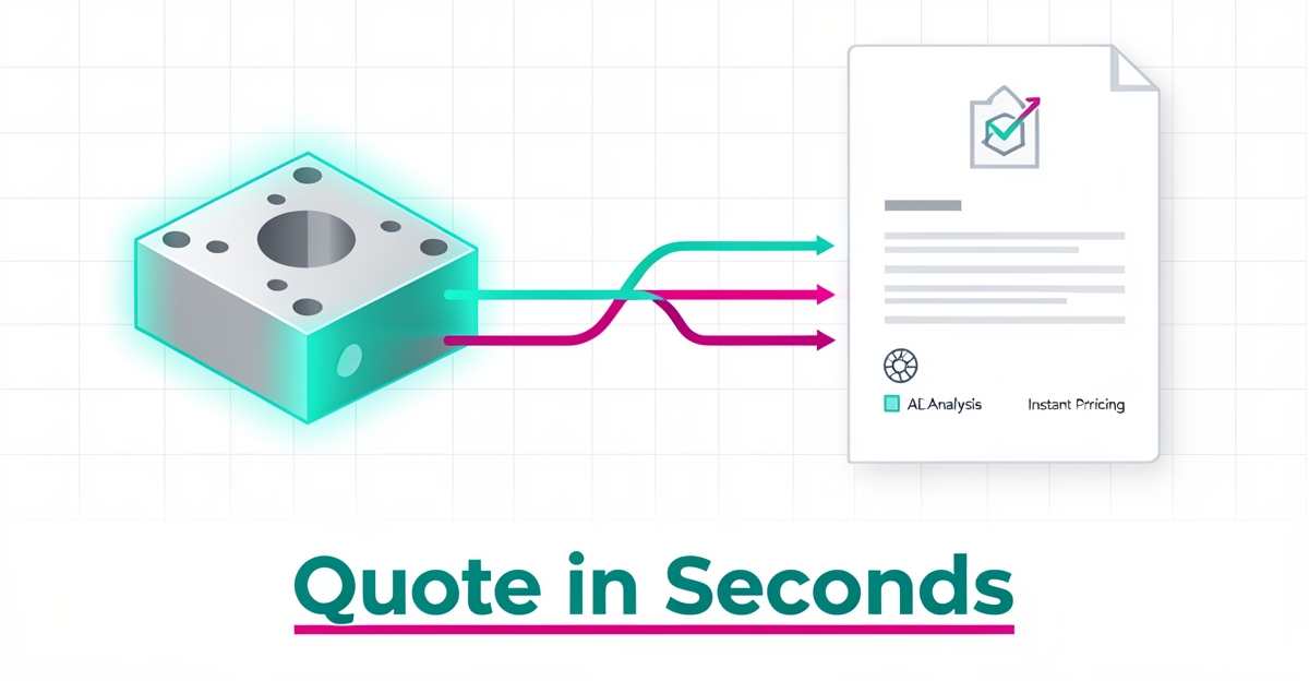 Flat illustration showing AI transforming a die part into an instant quote with teal and magenta data flow.