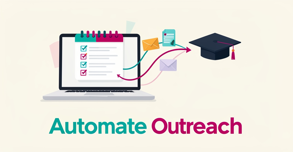 Flat illustration of a laptop automating admissions outreach with documents, notifications, and a graduation cap in teal and magenta.
