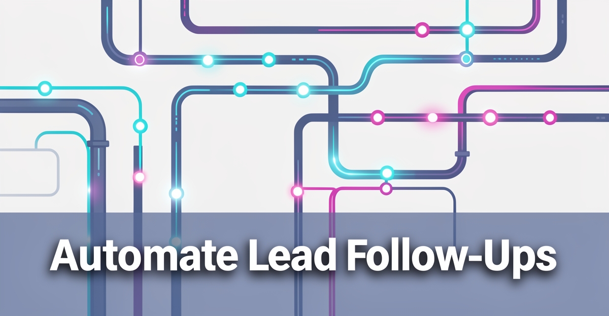 A minimalist flat illustration of a pipeline with glowing data flow lines and automated lead tracking, featuring the headline 'Automate Lead Follow-Ups' in the lower third using brand colors.