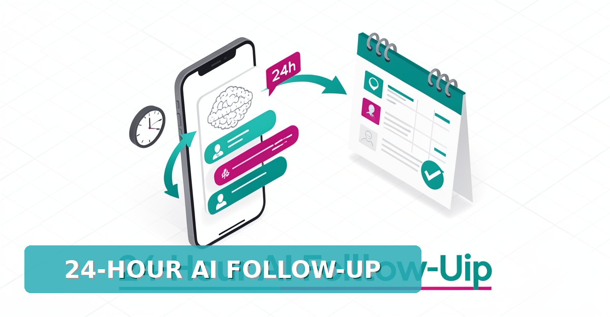 Flat illustration of AI automating popcorn ceiling lead follow-ups within 24 hours, showing smartphone chat, clock, and booked calendar with teal and magenta accents.