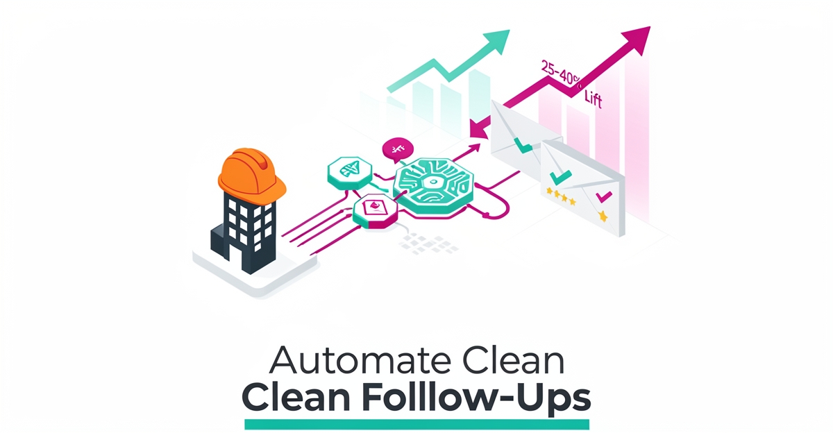 Flat illustration of AI email automation pipeline for post-construction cleaning follow-ups with teal and magenta accents.