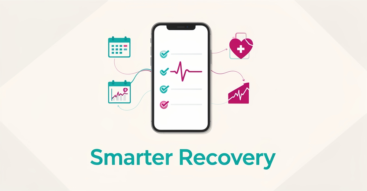Flat illustration of a smartphone with a recovery timeline and health icons showing AI-automated post-surgery patient follow-up care.