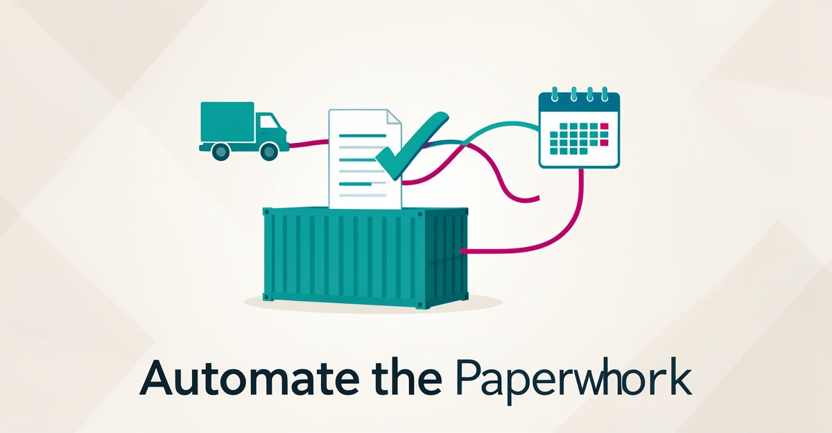 Flat illustration of a storage container with automated digital document and checkmark, symbolizing streamlined quote and contract automation.