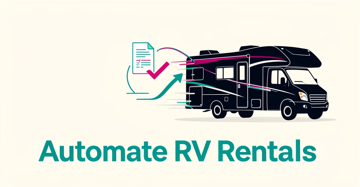 Flat illustration of an RV with automated document workflow lines in teal and magenta, headline reading Automate RV Rentals.