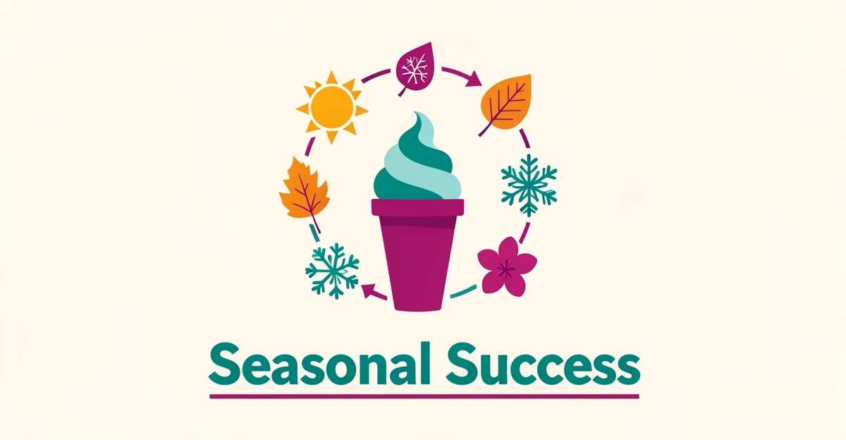 Flat illustration of a frozen yogurt cup surrounded by a cycle of seasonal icons in teal and magenta, titled Seasonal Success.