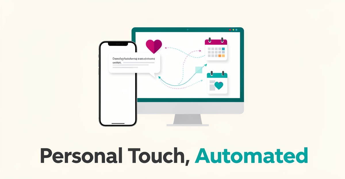 Flat illustration of an automated service reminder message connecting to a heart icon, symbolizing personalized customer care.