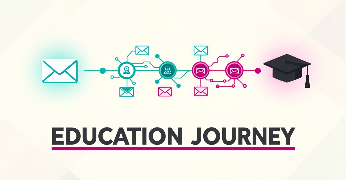 Flat illustration of an automated student communication journey from inquiry envelope to graduation cap, accented in teal and magenta.