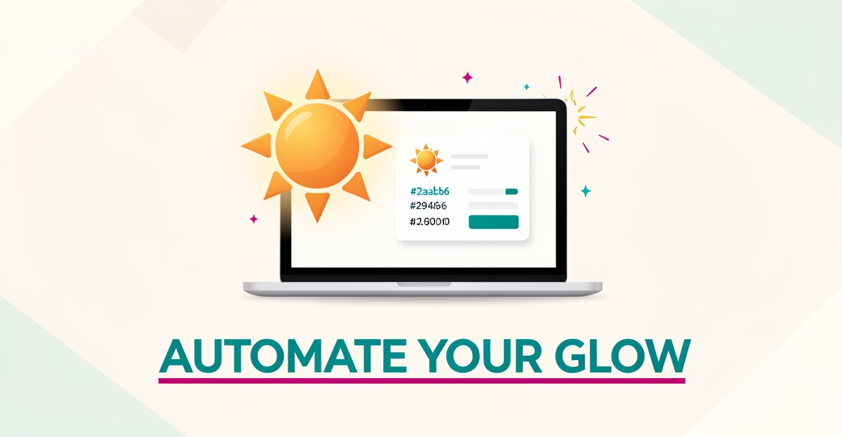 Flat illustration of a tanning salon pricing page with sun and glow icons, teal and magenta accents, headline reading Automate Your Glow.