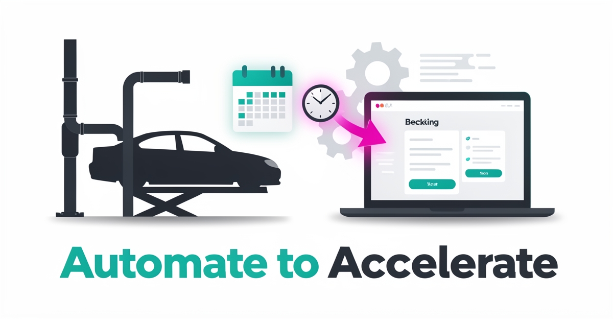 Flat illustration of an auto exhaust repair garage with a car on a lift, a calendar, and a laptop showing online booking, accented in teal and magenta.