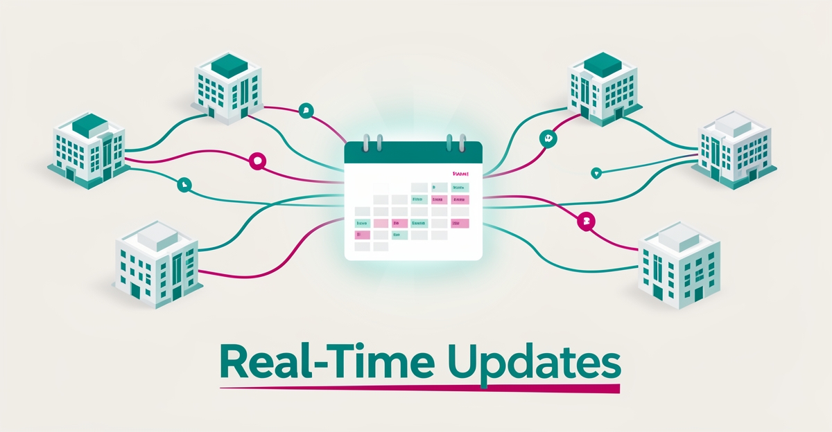 Flat illustration of interconnected campus buildings synced by real-time data streams with a central schedule panel, headlined Real-Time Updates.