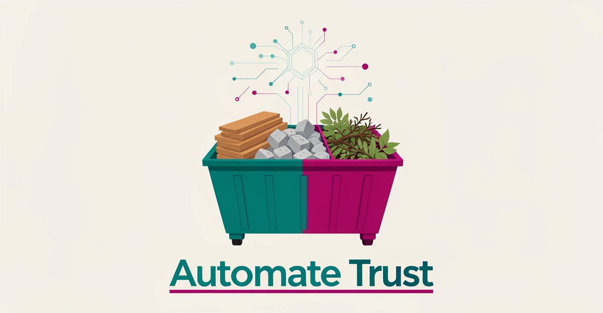 Flat illustration of a dumpster with sorted wood, concrete, and yard waste debris connected to abstract AI data nodes, accented in teal and magenta with the headline Automate Trust.