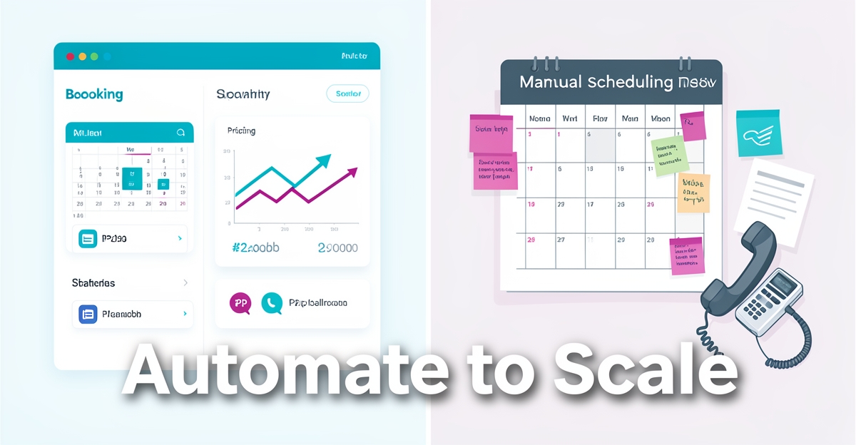 Modern flat illustration comparing automated RV rental booking system with manual scheduling, featuring brand-colored accents and the headline 'Automate to Scale' in the lower third.